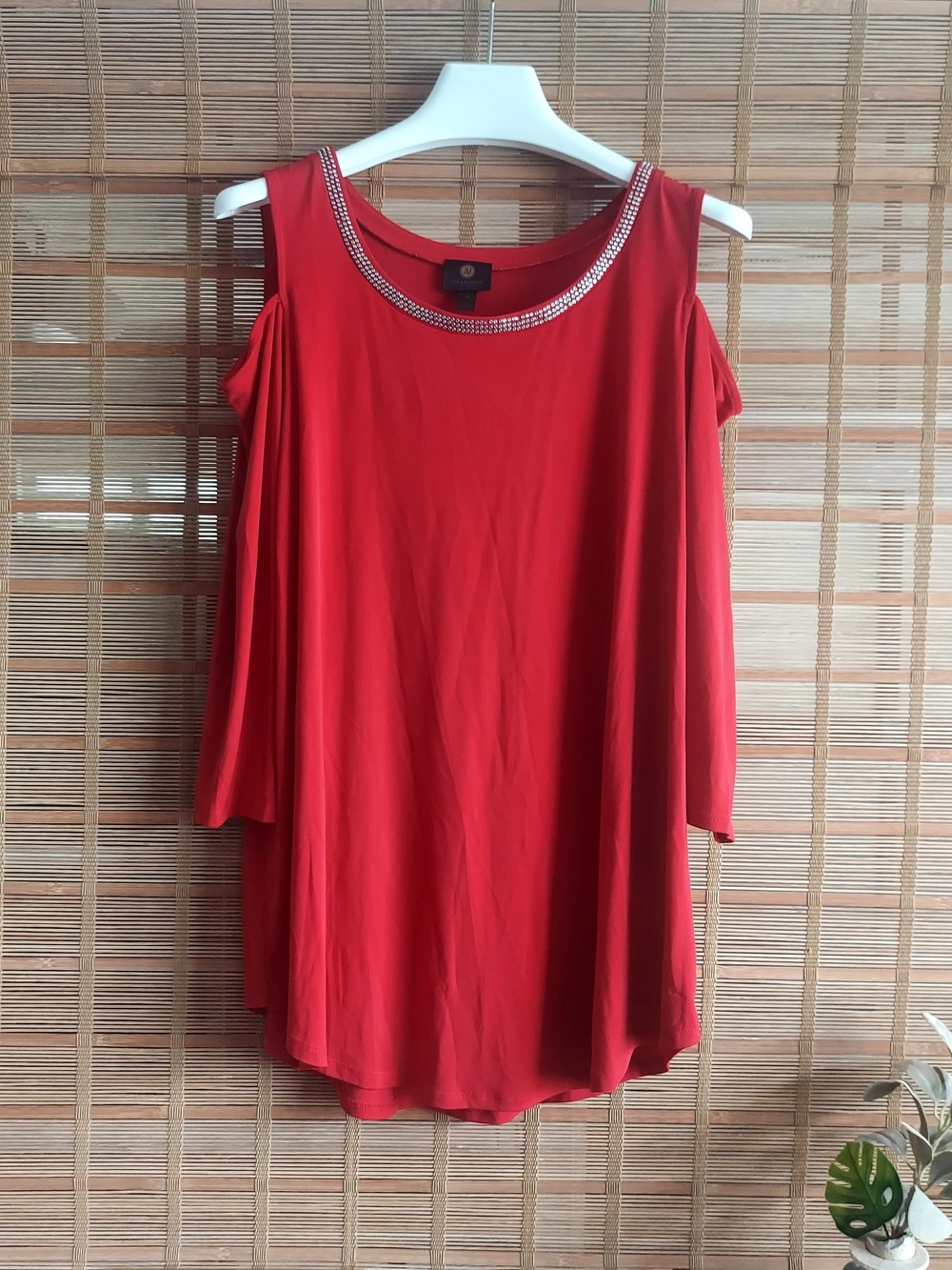 JM Collection Red Cold-Shoulder Jeweled Neck Tunic